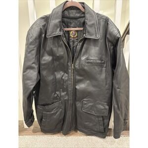 VTG 1990s Black Leather Jacket by Prestige‎ Size Large Full Zip Heavy